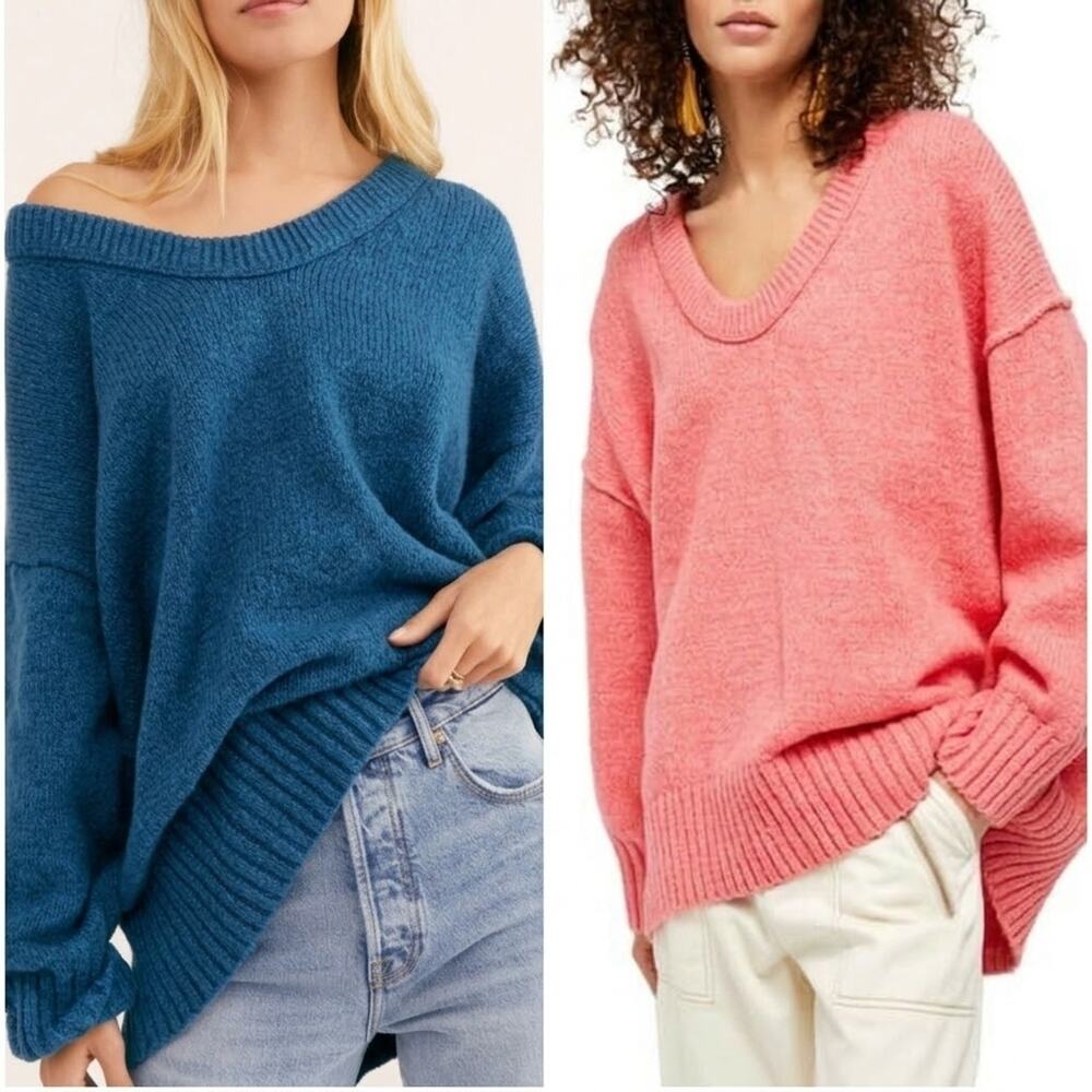 Bundle Of 2 Free People Brookside Oversized Tunic Sweater In Blue And Pink